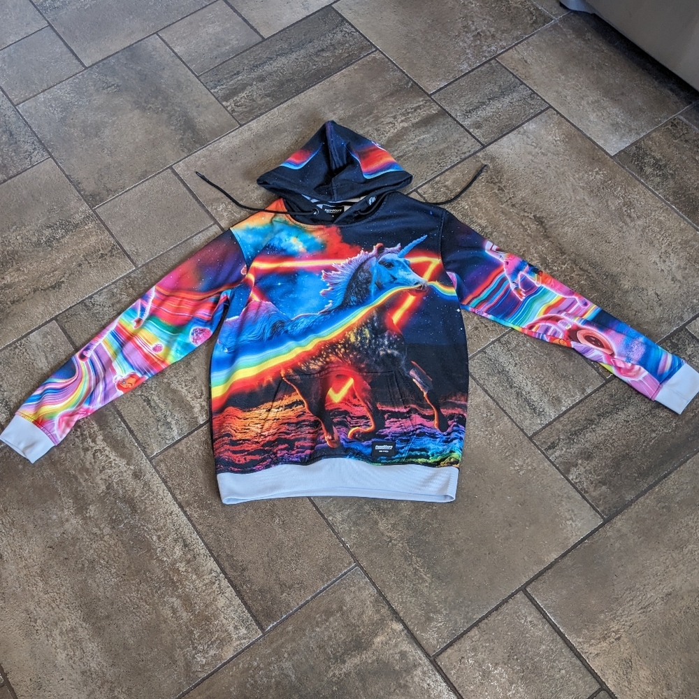 Fresh Hoods Graphic Neon Unicorn Space Hoodie Size S Rainbow Pink Yellow…